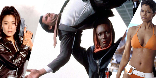 A three fold collage of iconic so-called "Bond girls" including Michelle Yeoh in a leather jumpsuit holding a small pistol, Grace Jones flipping a man over her head while wearing a black and red hoodie, and Halle Berry in her iconic small orange bikini.