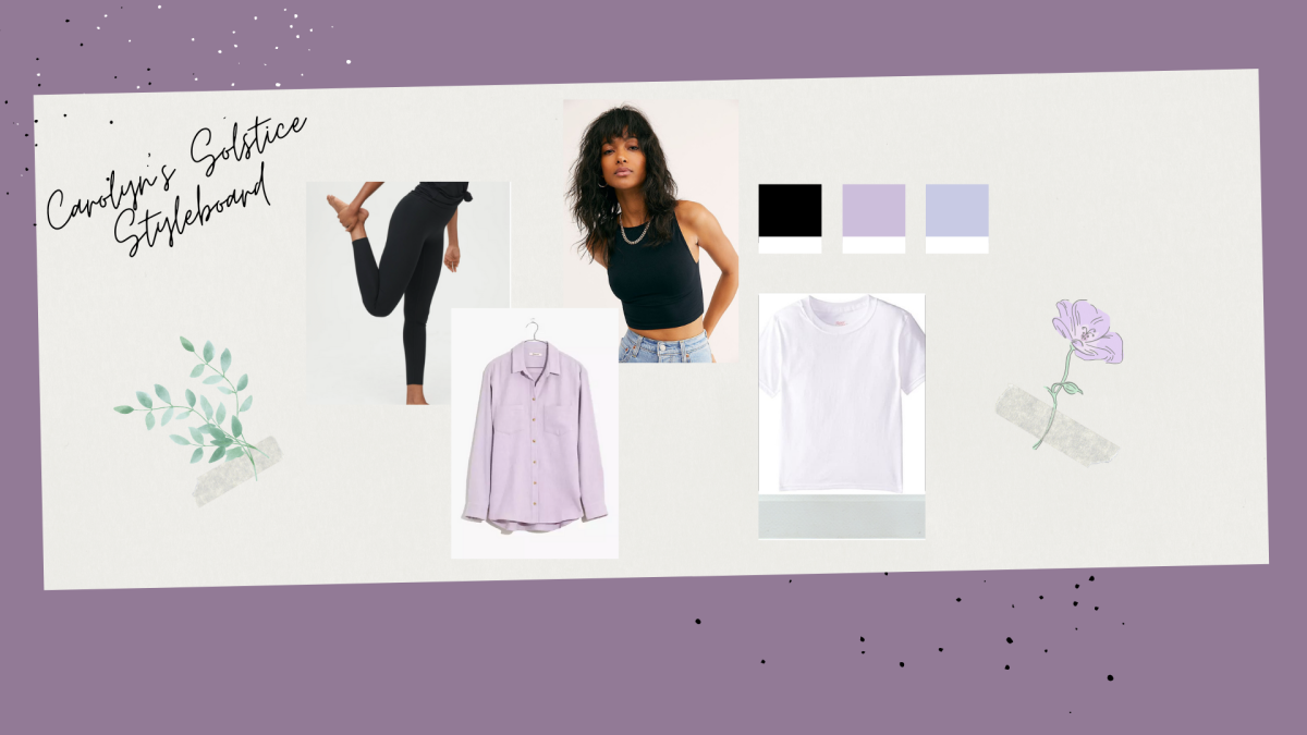 a collage of clothing photos featuring A black halter style bra, A childrens pure white t-shirt, A lavender flannel and a pair of black leggings.