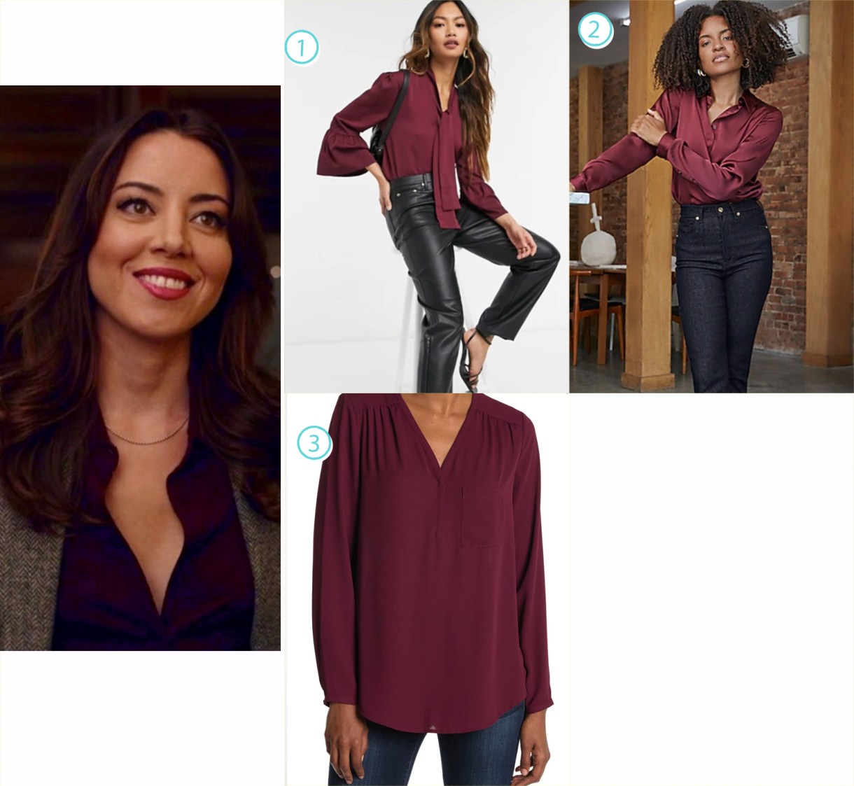 A variety of purple blouses like Aubrey Plaza