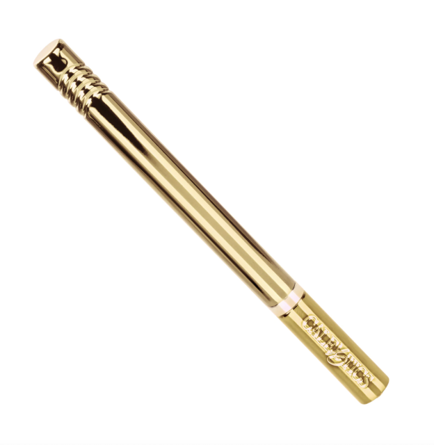 Photo of the Cal Exotics Slim Bullet, gold covered toy with ridges at the tip and small script writing on the bottom.