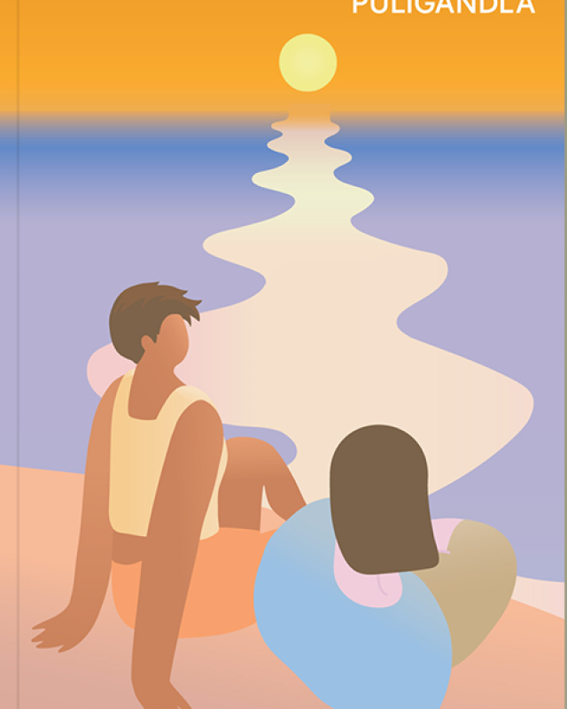 the cover of Kamala's novel, Zigzags. the cover is a graphic that features two queer women lounging beside Lake Michigan as the sun sets into the purple water.