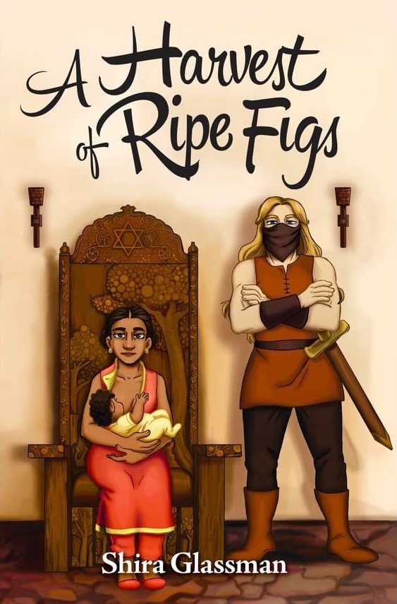 cover of a Harvest of Ripe Figs: a brown woman with dark hair in a South Asian style dress is seated in a throne holding a baby, while next to her a white blonde woman wearing a mask crosses her arms, a sword at her hips