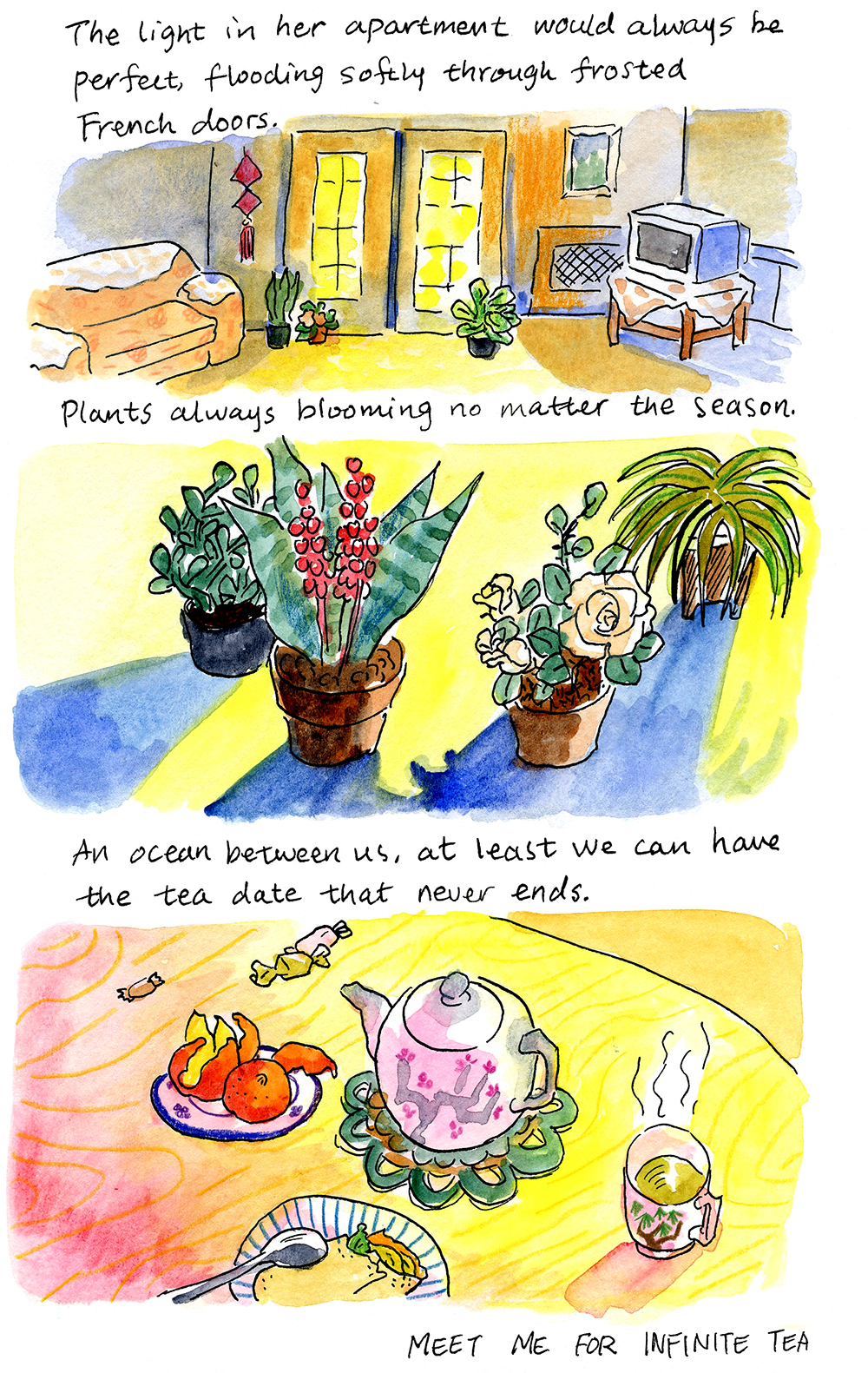 In the dream, Yao's grandmother's home is perfectly yellow — shown across three watercolor panels. It has warm yellow light flooding every corner and the flowers are in bloom no matter the season. In the final panel, a pink tea pot sits on top of the table. Yao ends their dream by saying, "an ocean between us, at least we can have the tea date that never ends."