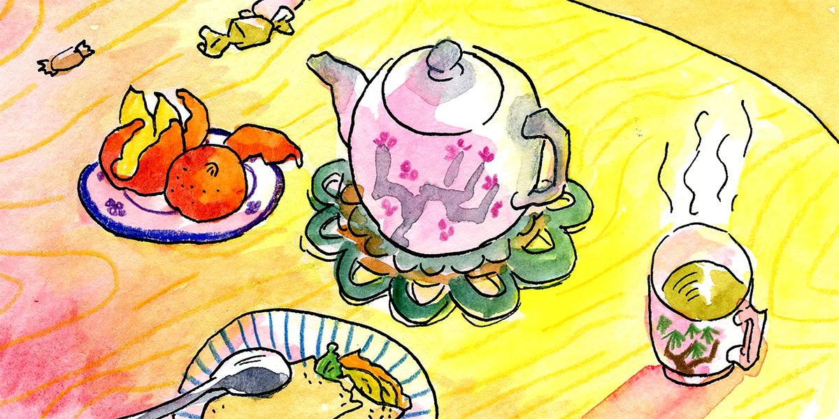 A warm-hued water color of a yellow table, lit in sun rays with pink and orange hues at the edges. On he table is a pink teacup and cup of green tea.