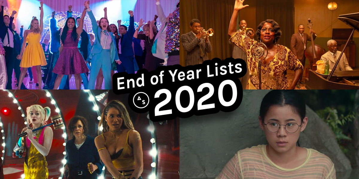 A collage of some of the best movies of 2020 from our list, including: The Prom, Ma Rainey's Black Bottom, Harley Quinn, and The Half of It