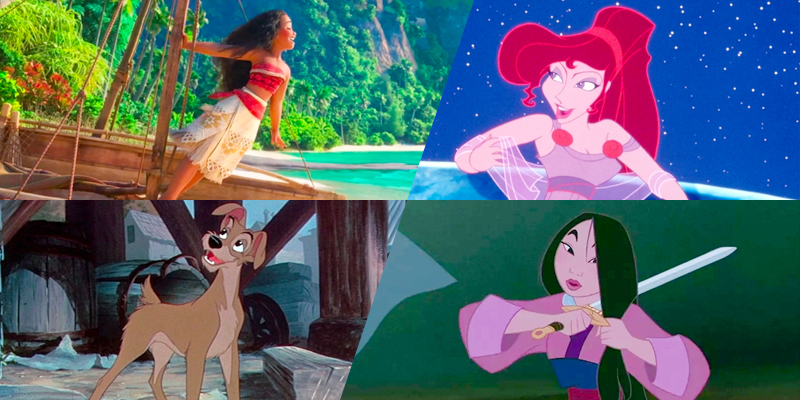 A collage from the Bisexual Disney Characters list: Moana, Megara, Tramp, and Mulan.