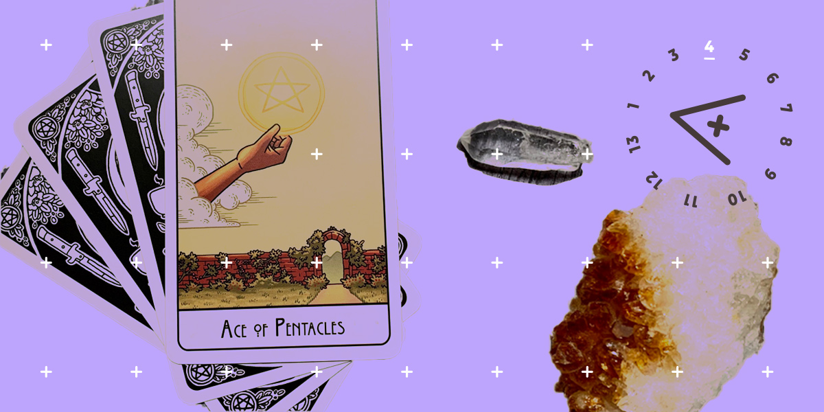 The ace of pentacles, two crystals, and the A+ logo swim together against a lavender background. The ace of pentacles card depicts a disembodied hand holding up a glowing pentacle or five pointed start within a circle, against a clear sky and above a stone wall with a wide open gate