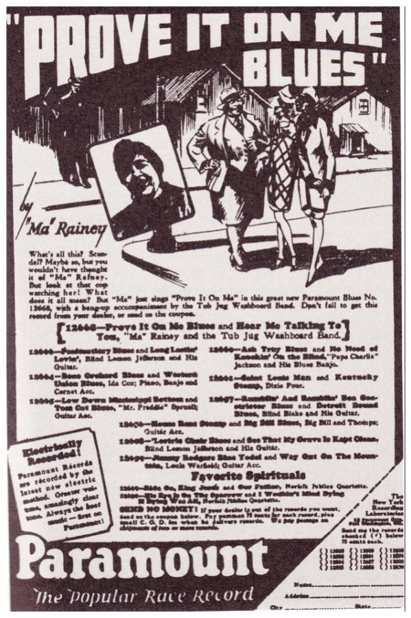 An ad for Ma Rainey's song "Prove It On Me Blues." This ad is the beginning of showcasing the history of Ma Rainey as a queer legend.