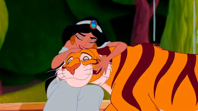 Jasmine hugs her pet tiger Rajah who some writers thing also should have made the list of Bisexual Disney characters. 