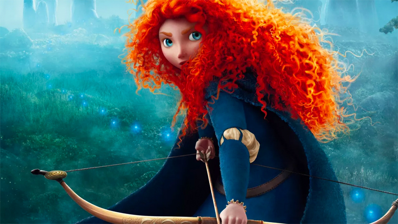 Merida crouches and draws her bow. 