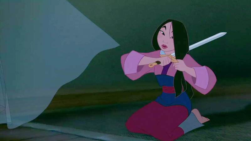 Mulan gives herself a haircut with her sword. She is the highest ranked Disney Princess on the Bisexual Disney Characters list. 