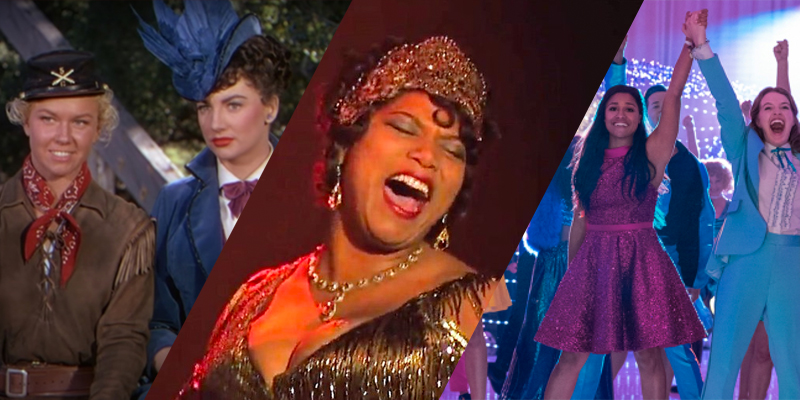 A collage from our queer women musicals list: Calamity Jane, Chicago, and The Prom.