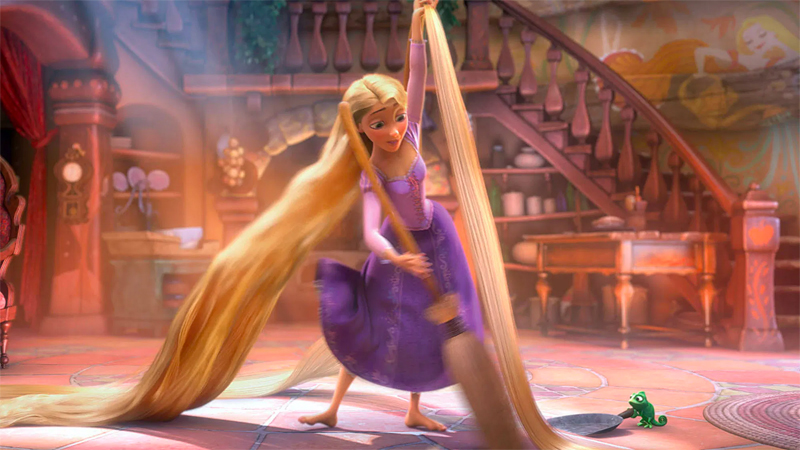 Rapunzel sweeps around her hair. 