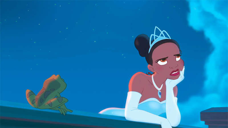 Tiana stands on the balcony with a frog prince and looks bored. Neither are high ranked bisexual Disney characters. 