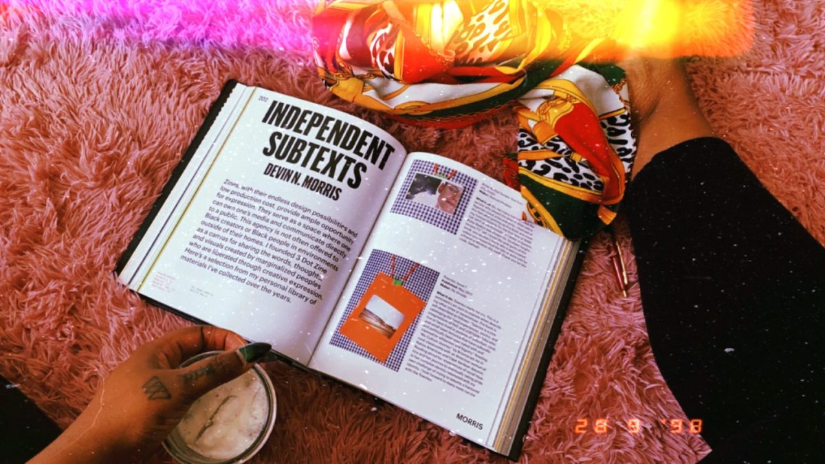 Image shows an excerpt from the book "Black Futures" called "Independent subtexts". There is a person in the frame and we only see their lower body and there is a scarf in the frame and a cup of coffee.