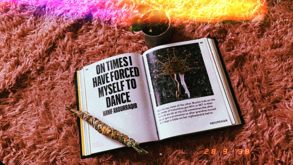 Image shows an excerpt from the book "Black Futures" called "On times I have forced myself to dance". There is a cleansing bundle and a small plant in the frame.