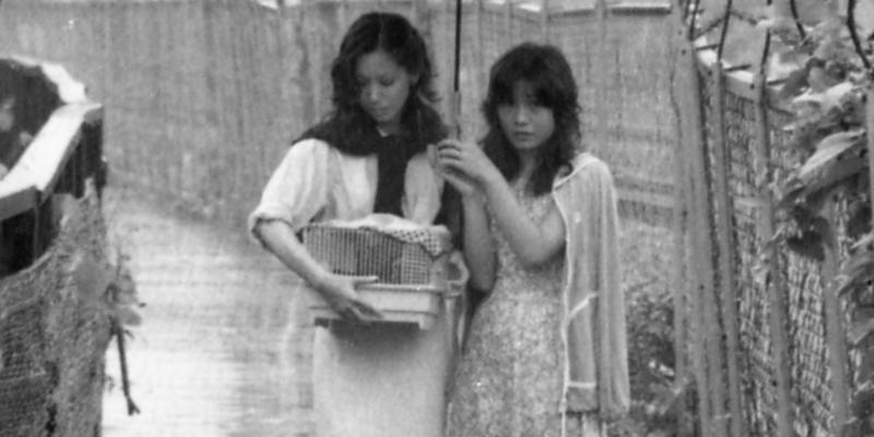 Two women walk in the rain under one umbrella