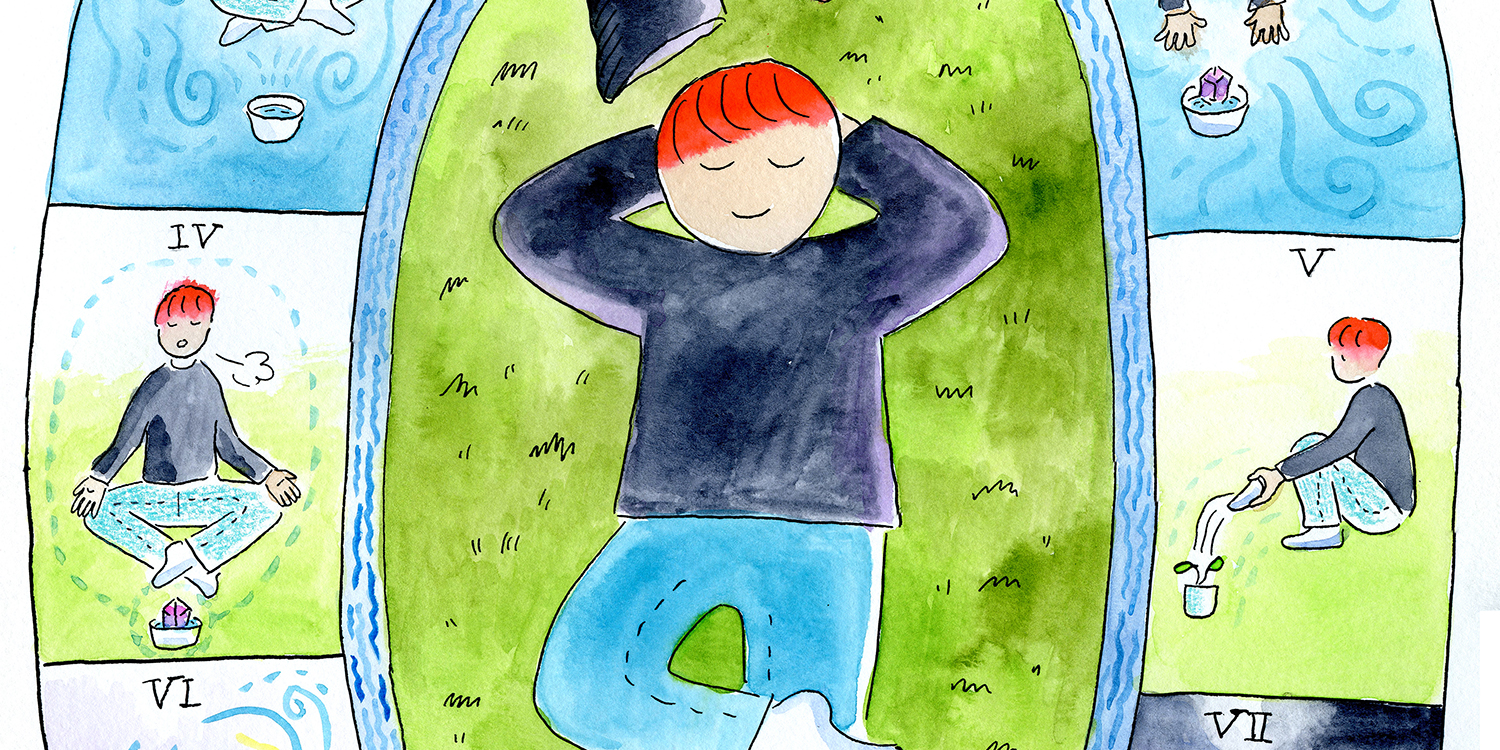 Bapou lays down on the grass and daydreams having a restful Aquarius season that includes yoga and planting new things to grow.
