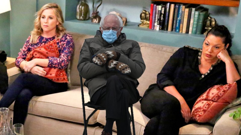 cut-out Bernie Sanders sits between Callie and Arizona having therapy on the show Grey's Anatomy.