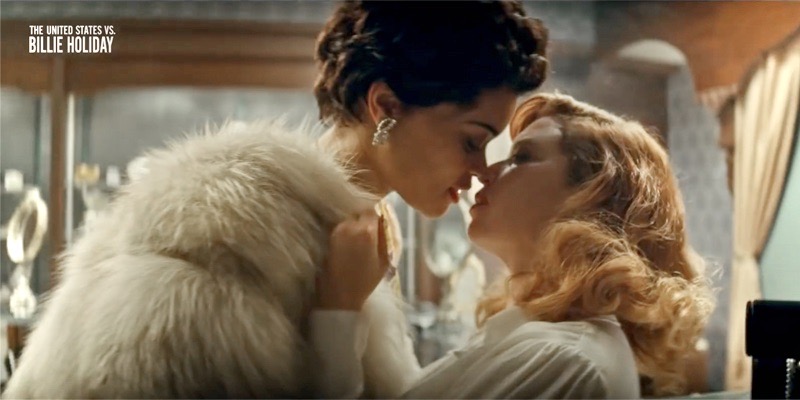 Billie Holiday (Andra Day) leans in close to kiss Tallulah Bankhead (Natasha Lyonne) in the new film "The United States vs. Billie Holiday," which will depict the singers bisexuality.