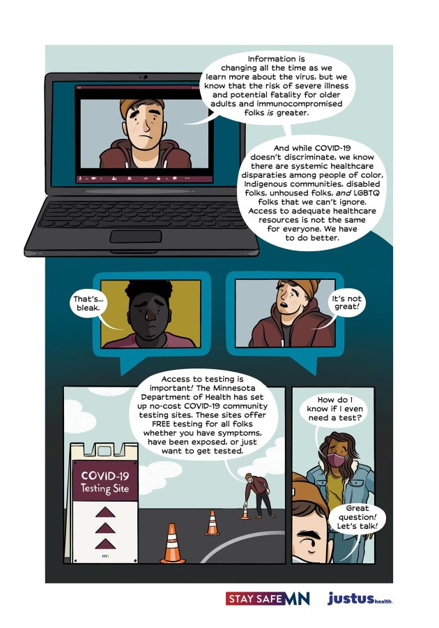 A. in a Zoom window speaks: “Information is changing all the time as we learn more about the virus, but we know that the risk of severe illness and potential fatality for older adults and immunocompromised folks is greater. And while COVID-19 doesn’t discriminate, we know there are systemic healthcare disparities among people of color, indigenous communities, disabled folks, unhoused folks, AND LGBTQ folks that we can’t ignore. Access to adequate healthcare resources is not the same for everyone. We have to do better. Below, the queer from the earlier call looks distressed “Thats… bleak.