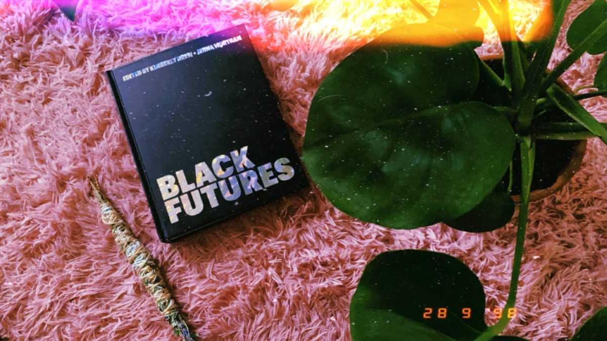 Photo shows an image of the book "Black Futures" with a cleansing bundle and a large plant in the frame.