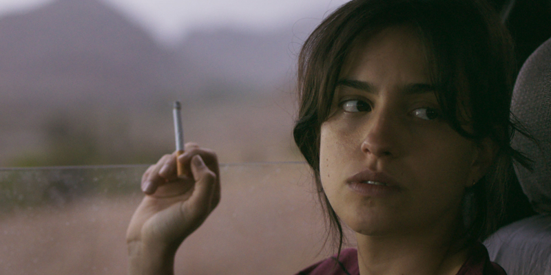 A woman smokes a cigarette with the car window half down.