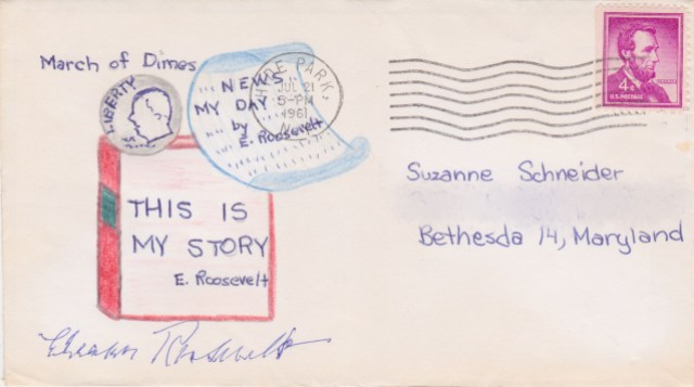  An envelope from the 1940s from Eleanor Roosevelt is a warm peach colored with brightly decorated colored pencil doodles in coral and light blue decorated across the sides and up the middle.