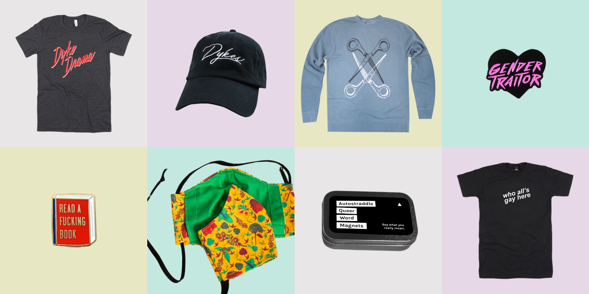 A grid of Autostraddle merch on pastel backgrounds