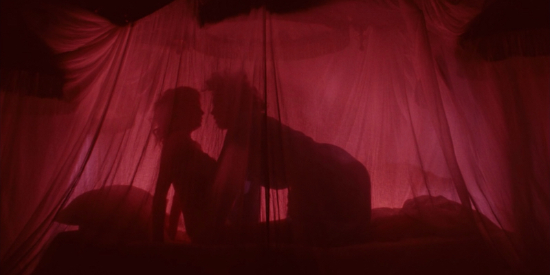 The silhouette through red fabric of two people about to kiss.