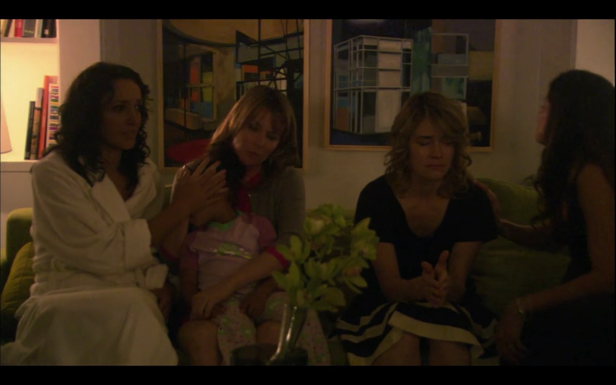 Bette and Tina's living room: Bette, Alice and Tina are upset and covering Angie's eyes