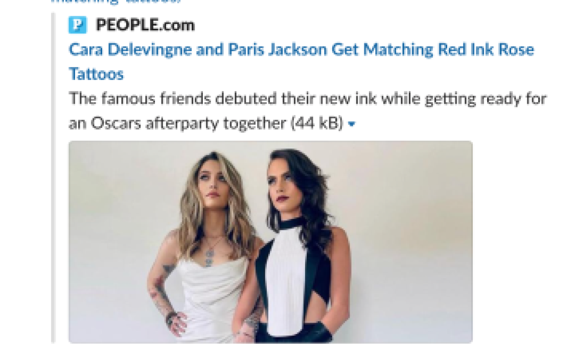 A screenshot of the cover of people magazine, depicting Cara Delevingne and Paris Jackson with matching tattoos