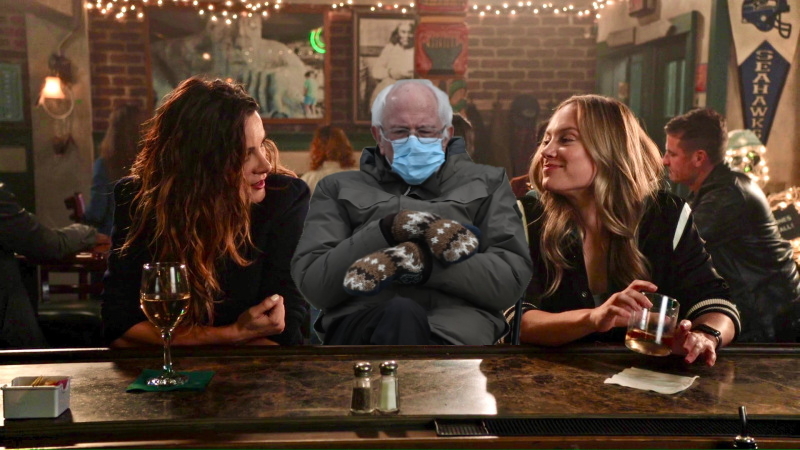 A cut out of Bernie Sanders is grumpy to be caught in the middle of Carina and Maya eye f*cking at a bar on Station 19