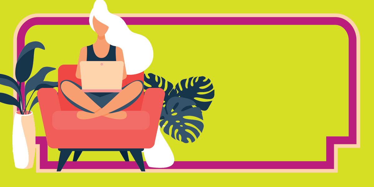 A simplistic digital illustration of a person with long white hair seated at an armchair with a laptop, surrounded by houseplants.