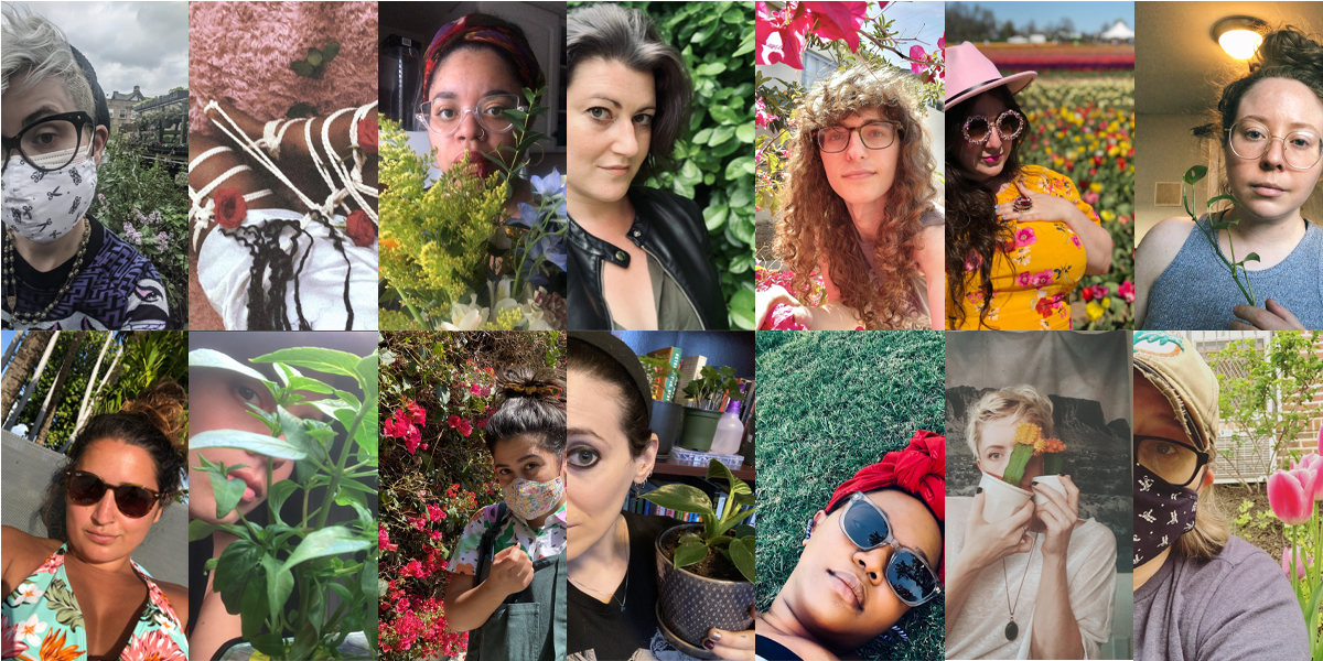 Collage of our staff surrounded by nature. For example, Kayla is in a bikini with palm trees behind her; Dani is in her home holding a bouquet; Carmen is lying in some lush grass; Heather is near some tulips. Some are wearing masks outdoors, some are inside their homes. It's real cute because it's spring!