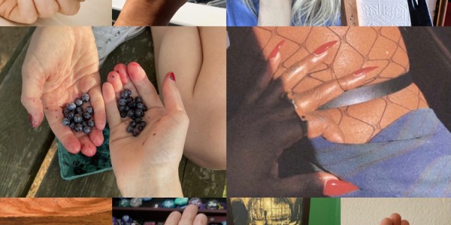 A collage centered around two pairs of hands, one is a pair of white hands holding blueberries and another is a black hand with long red nails grasping an upper thigh.
