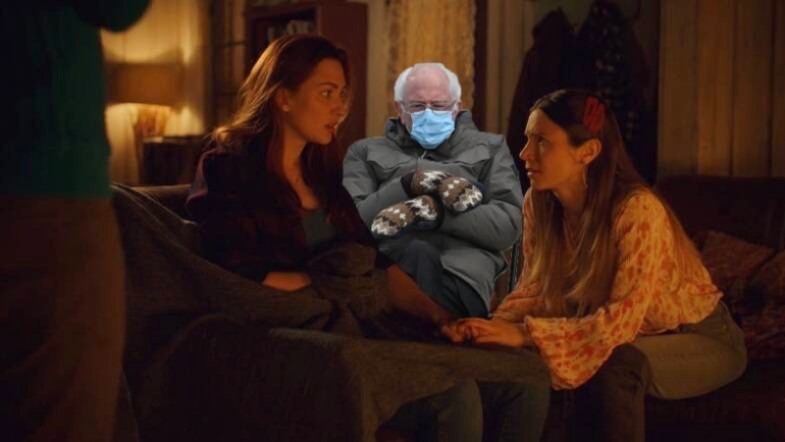 A cut-out Bernie Sanders sits between Waverly Earp and Nicole Haught in Wynonna Earp