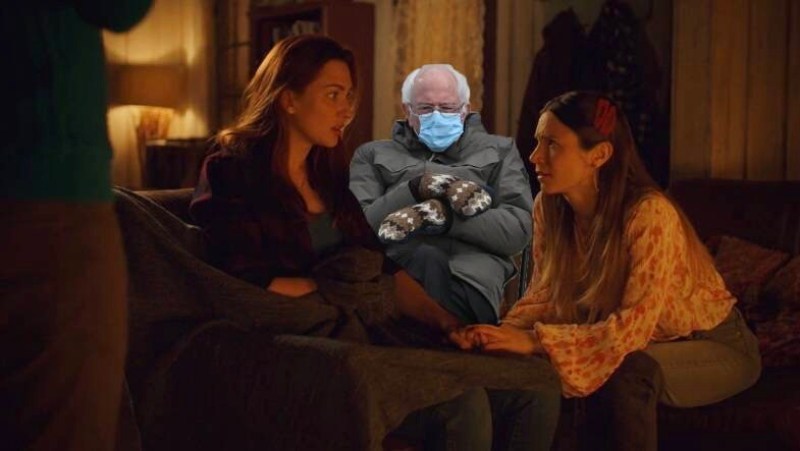 A cut-out Bernie Sanders sits between Waverly Earp and Nicole Haught in Wynonna Earp