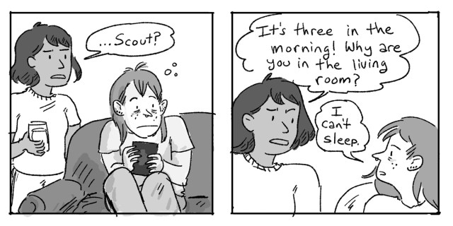 In a two panel hand drawn black-and-white comic, Scout is up at three in the morning furiously scrolling through Twitter because they cannot stop — even though they know it is bad for them.