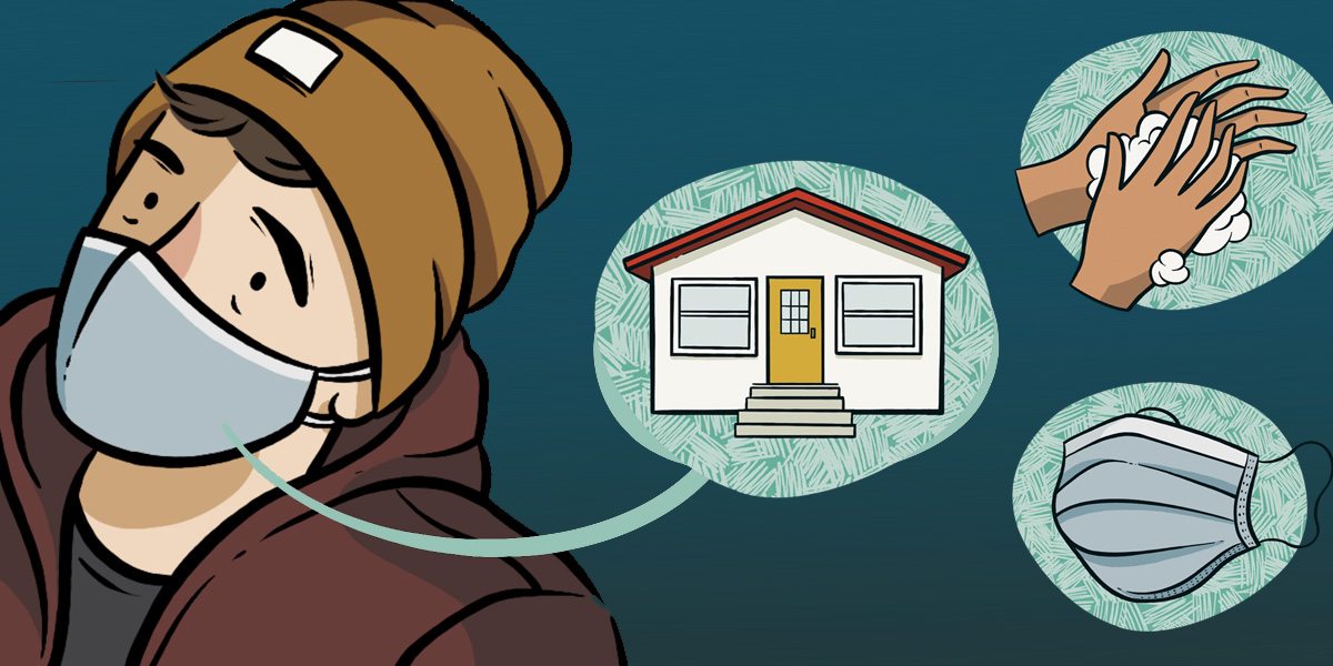 A. wears a mustard beanie and maroon hoodie and a mask. Next to them three icons float in teal bubbles — a house (stay at home), a pair of soapy hands (wash them!) and a face mask (wear it!)