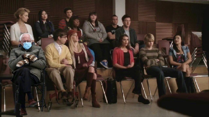 A cut out of Bernie Sanders sits in the choir room of Glee, he Is just as unhappy to be there as the rest of us are.