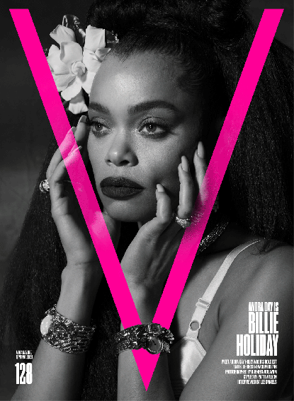 Gif shows two black and white covers of V Magazine with Audra Day on the cover. She is wearing a black dress in one image and the other is an up close image of her staring into the distance.