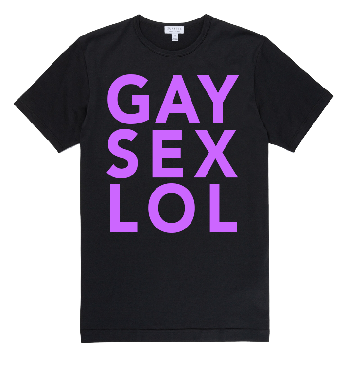 Abeni made a tee shirt mockup. The tee is black and the font is lavender and says in all capital letters that take up most of the front of the shirt "GAY SEX LOL"