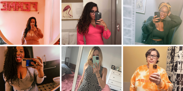 a collage of autostraddle team members taking mirror selfies including Vanessa, Kayla, Carmen, Shelli, Riese and Heather