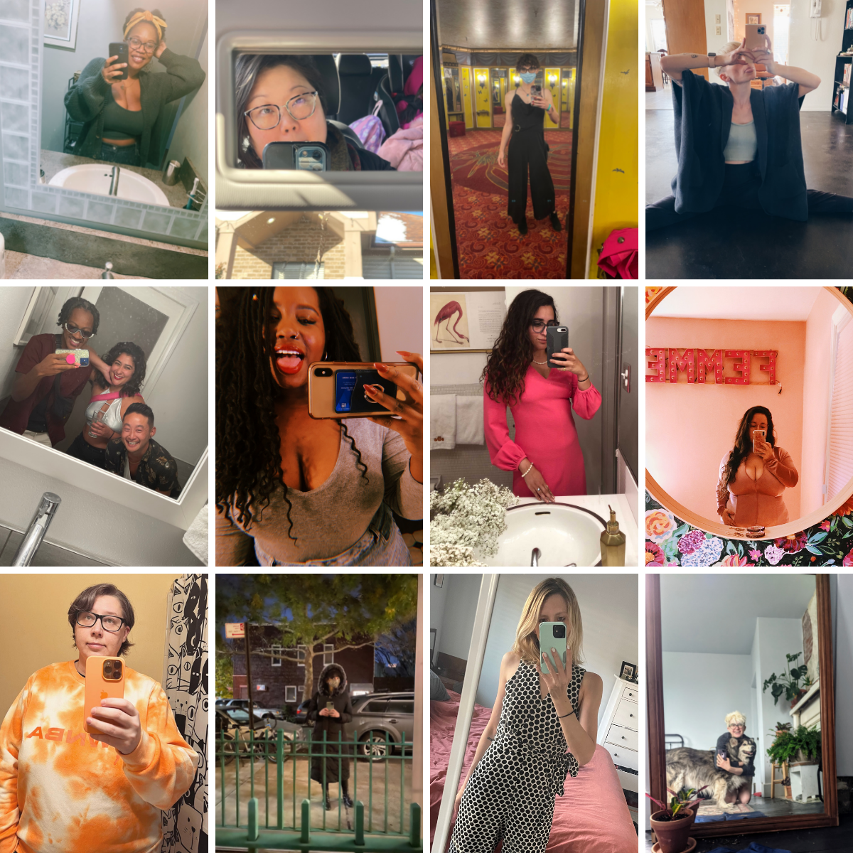 a collage of autostraddle team members taking mirror selfies. the team members are: Carmen, KaeLyn, Drew, Laneia, Sarah, Shelli, Kayla, Vanessa, Heather, Stef, Riese, and Nicole (and Mya their dog)