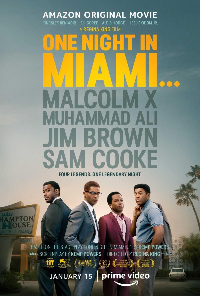 Image shows four black men (Sam Cooke, Muhammed Ali, Jim Brown and Malcolm X) staring into the camera while behind them there is an image of The Hampton House Hotel.