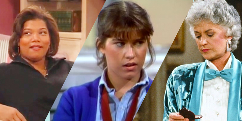 A collage of three sitcoms from the list: Khadijah from Living Single, Jo from The Facts of Life, and Dorothy from The Golden Girls.