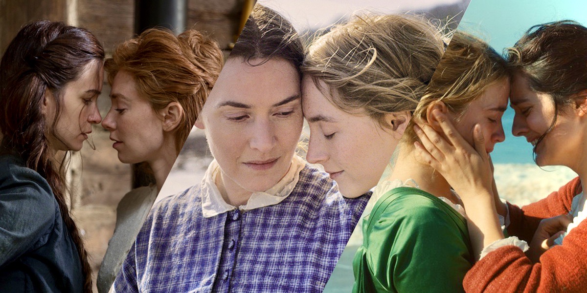 A three-fold collage of famous lesbian movie period pieces: First, the newly released "The World To Come" in which two lesbians in the 1800s stand inches away from each other's nose, then "Ammionate" in which two lesbians from the 1800s also stand inches away from each other's nose, and finally "Portrait of a Lady on Fire" in which once again lesbians from the 1800s stand inches away from each other's nose — this time on a beach.