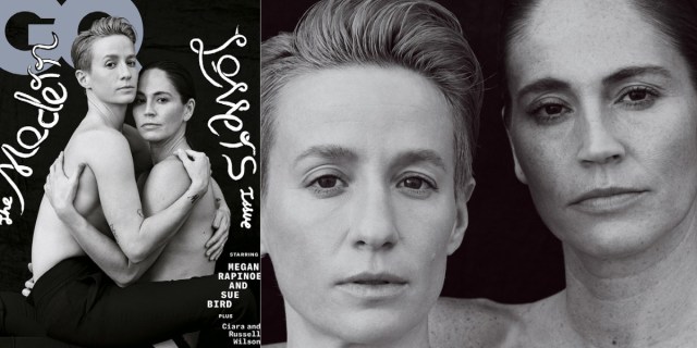 A two-fold collage, on the left side is a black and white cover of GQ magazine with Megan Rapinoe and Sue Bird holding each other topless, with the words "The Modern Lovers Issue" written in cursive around them. On the right is a close up of Megan Rapinoe's and Sue Bird's faces close together, also in black and white.