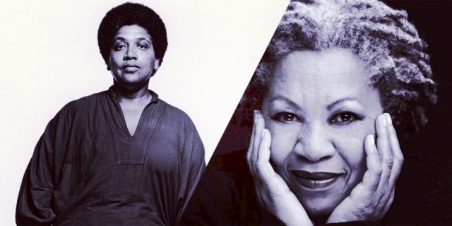 A two-fold collage of Audre Lorde and Toni Morrison in black-and-white portraits.